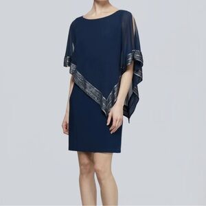 SLNY Navy Dress with Embellished Sleeve